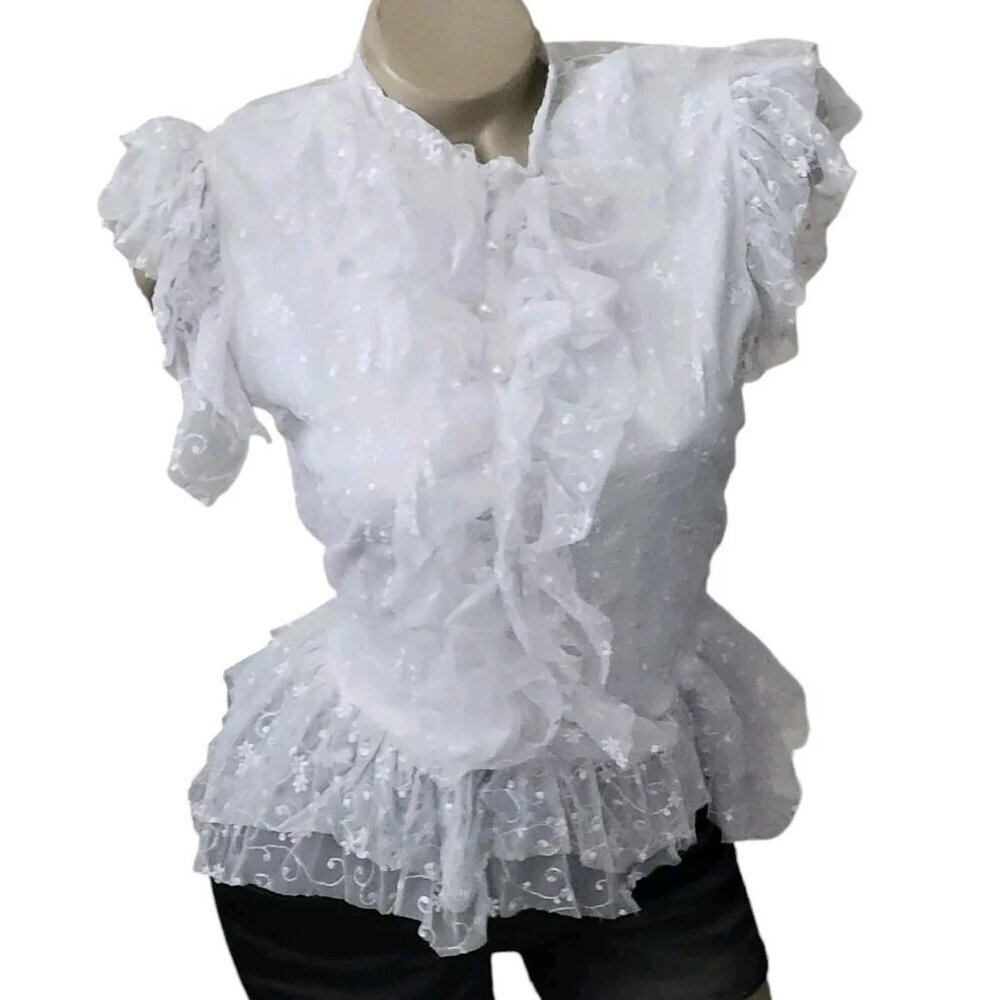 White Embroidered Short Flutter Sleeve Blouse Lace Ruffled Top L